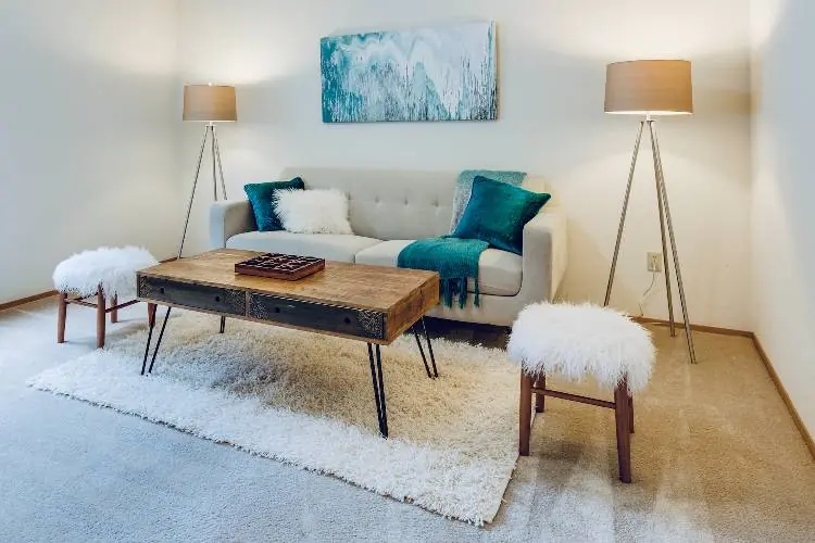 A furnished living room in a recently financed home
